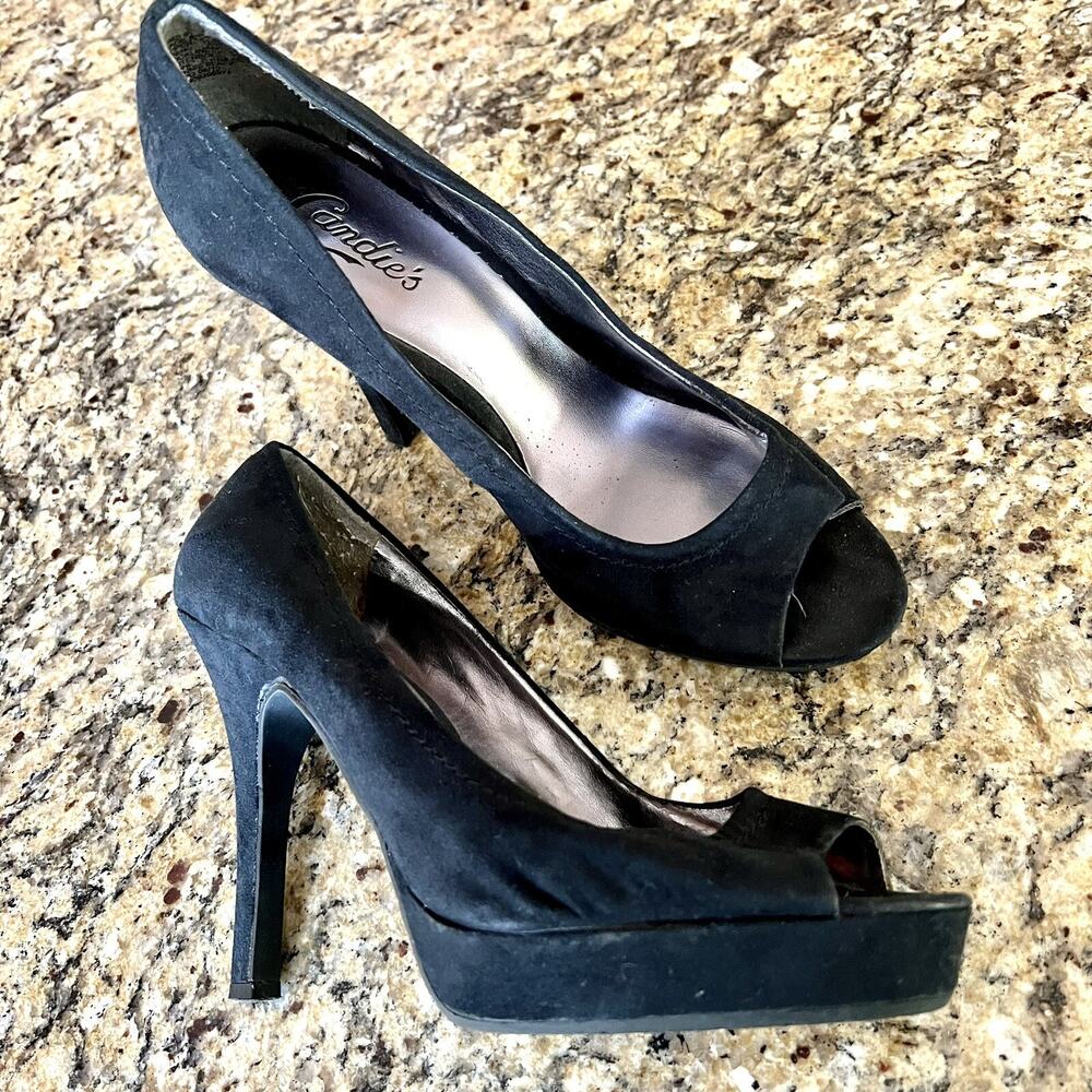 CANDIES Size 9 Yunnis Velvet Black Peep Toe High Heel Pumps Shoes Very Worn